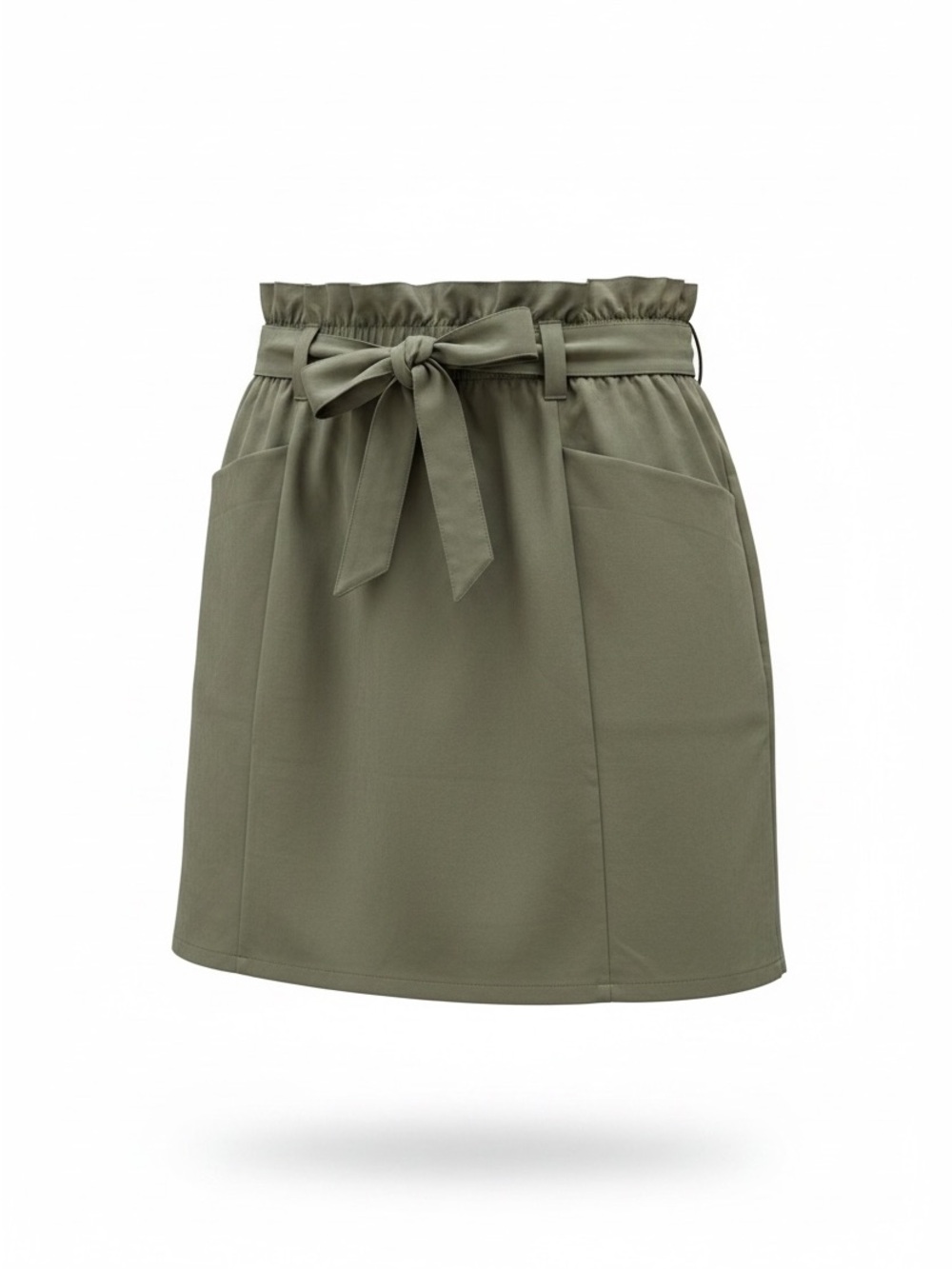 Mondetta Olive/Green Elastic Tie-Waist Paper Bag Mini Skirt Pockets Size S
